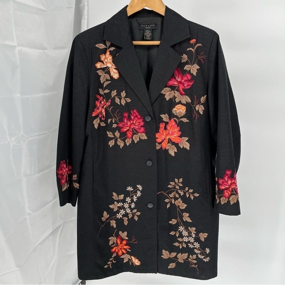 Silk Land Womens Silk Blend Longline Blazer Size 1X Embroidered Floral Lined - Picture 1 of 9